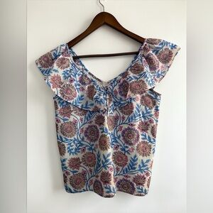 J.Crew floral cotton blouse XS ruffle neck summer Top